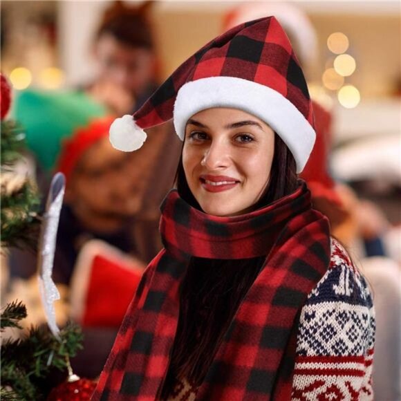 3 Pieces Christmas Plaid Santa Hat and 3 Pieces Plaid Scarfs main image 4